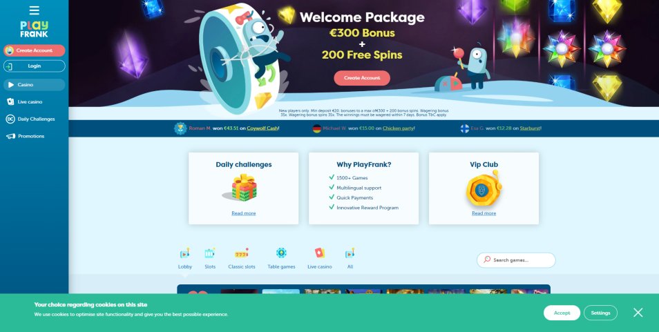 Revisão do website do casino online PlayFrank