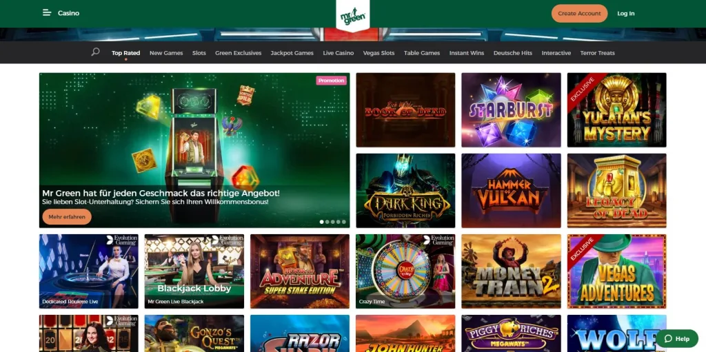 Screenshot of the homepage of Mr Green Casino showing various game categories and promotional banners.